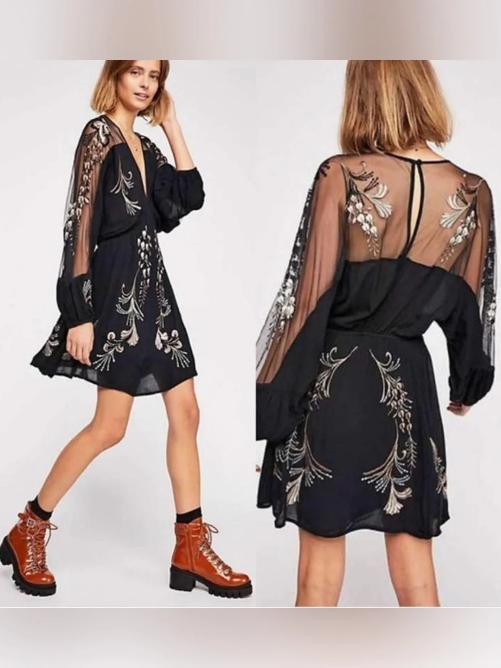 Free People Black Embroidered V-Neck Long-Sleeve Dress